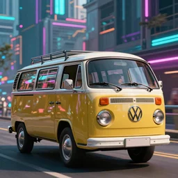 VW Microbus driving, environment, cyberpunk city, Synthwave, highly detailed, 8k, wallpaper