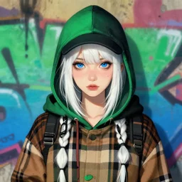 highly detailed portrait of a sewer punk lady student, blue eyes, burberry hoody, hat, white hair by atey ghailan, by greg tocchini, by kaethe butcher, gradient green, black, brown, cream and blue color scheme, grunge aesthetic!!! ( ( graffiti tag wall flat colour background ) )