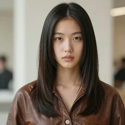 ektachrome, youthful asian demure, exquisite features, feminine cut, frontiers in flight leather