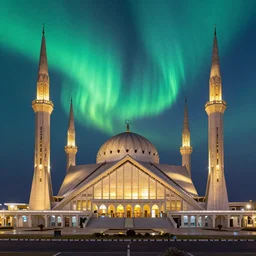 abuja national mosque nigeria at night with the aurora sky