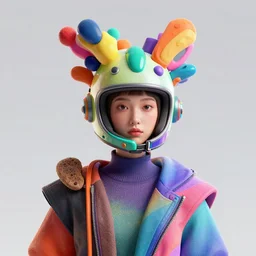 full portrait of a post modern hybrid fashion model with an exuberant organic helmet, colorful, octane render, vray, detailed, halftoned, editorial illustration, matte print, grainy light, ( ( dither ) ), risograph, high contrast, screen print, grainy texture