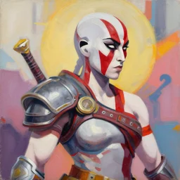 greg manchess portrait painting of a female badass kratos as overwatch character, medium shot, asymmetrical, profile picture, organic painting, sunny day, matte painting, bold shapes, hard edges, street art, trending on artstation, by huang guangjian and gil elvgren and sachin teng