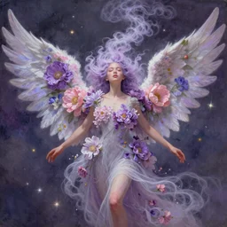 a colorful and provenance portrait painting of a angel with her hugeflowers wings spread out gracefully, purple and pink colors ， detailed, highly detailed, hair made of hair made of air wind and curling smoke, mist, dust, genie, flowers, flower, stars, spirit fantasy concept art ， art by charlie bowater and aenami, trending on artstation.