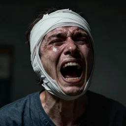 a portrait of an asylum patient filled with pain and anguish and expression, screaming, bandaged head, very dark, depressing, grim, moody, atmospheric lighting, cinematic, unreal engine, by nicola samori