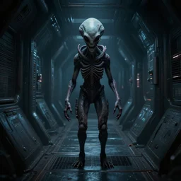 horrifying alien in a spaceship corridor, dark lighting, unreal engine, cinematic