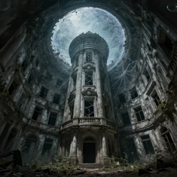 an abandoned building, bubble, circular, cobweb, eerie, old, tall, fantasy, 1 9 8 0, artstation, digital art,