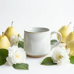 ceramic mug surrounded by white flowers, green leaves, and pears, soft zen minimalist, white background, bright, crisp