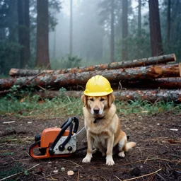 sad puppy wearing hard hat standing next to saw, clear cutting logging operation, fog, old growth forest, ektachrome, photo from 1 9 9 8,
