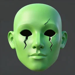 green human face with open eyes as broken 3 d meshes