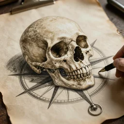 skull over a ship compass pen drawing on parchment