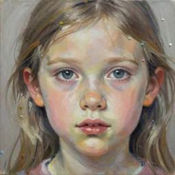 Close up of a young girl’s face, Innocence , Paper-Marbling, impasto palette knife painting, Hydrodipped, Oil Paint, Dripping Paint, by Bocklin