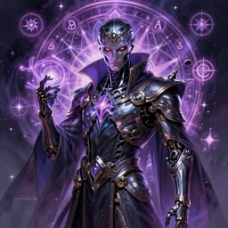 A portrait of a cyborg necromancer wearing an high tech robe, surrealism, smooth, intricate, sinister, magical energy, occult symbols, neon glowing spells, digital painting, artstation, hard surface concept art, high tech fantasy, sharp focus, illustration, art by Rafael grassetti and Riot Studios and Blizzard Studios