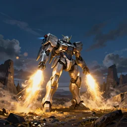 armored core v by liam wong, booster flares, karst landscape, ; wide shot, outdoor, dark blue sky, cloud, wilderness ground, golden time, twilight ; digital painting, dynamic contrast, dynamic backlighting, bokeh, motion blur, photoreal, cinematic,