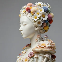 biomechanical beautiful asian woman portrait with a smooth carved porcelain ivory profile face, futuristic haute couture draped in flowers and mushroom, iris van herpin, headdress with daisies, colorful puffballs, hyper detailed, ultra sharp, 8 k