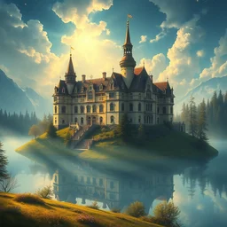 beautiful illustration of chateau in a serene landscape, by albert bierstadt, magic realism, narrative realism, beautiful matte painting, heavenly lighting, retrowave, 4 k hd wallpaper, canon eos, film still