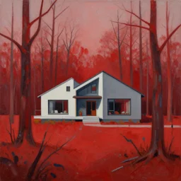social modernist estate in the midle of red, radioactive dead forest, painting, acrylic paint