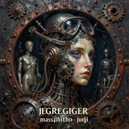 an album cover, dark, gothic, cyber, fantasy, rust, metal, rivets, cogwheel, human, creature, mannequin, machinery, scuba mask, by giger, masahiro ito, junji ito, rough oil paint, underpainting, highlights, john signer sargent