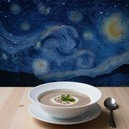an image of a starry night sky as a soup on a table