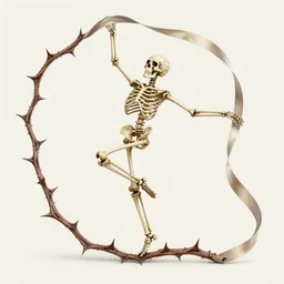 the skeleton of a fairy is ribbon dancing on a thorny vine. the ribbon is neon green, synthwave