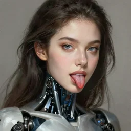 attractive female i robot sticking out the tongue out sensually, seven deadly sins, close - up portrait, intricate, elegant, volumetric lighting, scenery, digital painting, highly detailed, artstation, sharp focus, illustration, concept art, luis rollo, ruan jia, steve mccurry, john berkey