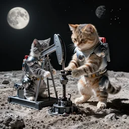 humanoid cats drilling oil on the moon, digital art
