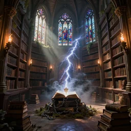 citadel of magic, mage quarters, library, chained living books, glowing, necronomicon, smoke, dreen lightning, baroque, torches, stained glass windows, sun light rays, vegetation, dreamy mood, Darek Zabrocki, Karlkka, trending on Artstation, 8K