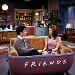1990s photo of inside the Friends Show ride at Universal Studios in Orlando, Florida, riding a sofa through the Friends apartments , cinematic, UHD