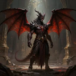 dungeons and dragons evil wizard with dragon wings character full body side profile portrait, dramatic light, dungeon background, 2 0 0 mm focal length, painted by stanley lau, painted by greg rutkowski, painted by stanley artgerm, digital art, trending on artstation