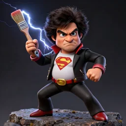 bob ross dressed as a superhero, standing on rocky ground, angry expression, detailed face, lightning behind, dark background, action pose, holding a paintbrush, ultra - detailed, ultra - detailed, intricate, detailed shadows and textures, 8 k, action pose