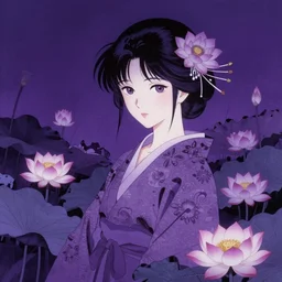 landscape， stencil, anime, traditional Japanese, beautiful portrait of a girl surrounded by flowers, half of her body in a lotus pond,by artgerm， by Førtifem, digital art, purple color scheme