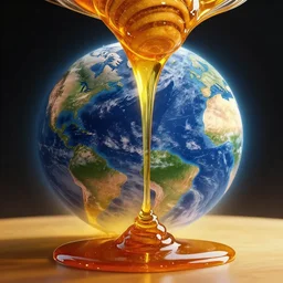 honey dipper!!, dripping nectar from the gods, onto the planet earth!!, coating it in honey, highly detailed, dynamic shadows, 4 k, wallpaper, professional photo, caustics