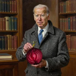 joe biden wearing a tweed coat and a red betet, in a library, oil on canvas