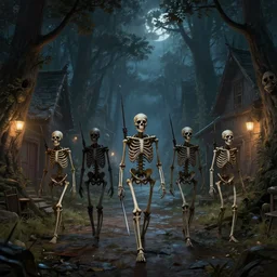 armed skeletons walking in a forest village street at night, dmd, fantasy art, very detailed