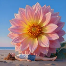 closeup giant dahlia flower head, girl laying on beach, surreal photography, blue sky, sunrise, dramatic light, impressionist painting, digital painting, artstation, simon stalenhag