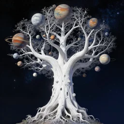 a cosmic yggdrasil with planets hanging from the branches by gustav klimt, digital art, artstation, low angle, high detail, intricate, white wood, wide shot,