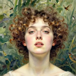 the face of a young woman with marble complexion, angelic features, dancing curls around her face, her head raised in rapture, symmetrical eyes, watercolor by john singer sargent, background lush vegetation, insects and birds, 8 k uhd