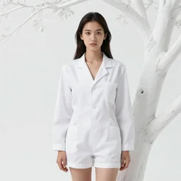 realistic photo portrait of a a scientist girl dressed in white shorts, at white tree branches in a grey sky, flying particles electricity, 1 9 9 0, life magazine photo, natural colors, museum collection, kodak