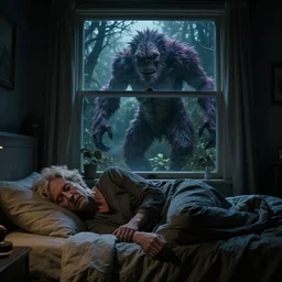 vfx movie scene sleep paralysis night, a monster outside the bedroom window, natural lighting by emmanuel lubezki