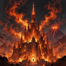 style artgerm, joshua middleton, ellen jewett, a castle of brimstone, very long spires, fire swirling, detailed, volcano background setting, volumetric lighting