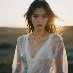 filmstill photography of female body covered with wet white translucent blanket acrylic liquid colors, luxurious supermodel photoshooting, golden jewelry, bokeh, godrays, strong wind, wrinkles, sunrays, sunset, lens flares