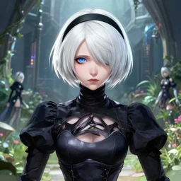 holy cyborg necromancer girl, elegant, perfect face, scifi, futuristic, utopia, garden, illustration, atmosphere, warframe, blue eyes, white hair, artstation, nier automata, highly detailed, art by yuhong ding and chengwei pan and serafleur and ina wong