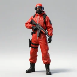 character concept design of a red hazmat holding an SMG