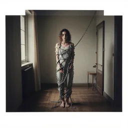 a woman tangled up in chains, in a house, by Charlotte Grimm, CANON Eos C300, ƒ1.8, 35mm, 8K, medium-format print