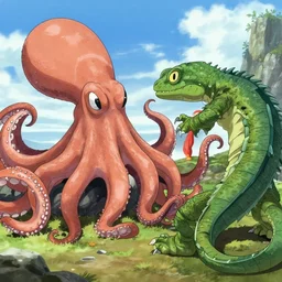 giant octopuss and giant lizard fighting, anime style