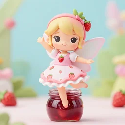 a wholesome femo figurine of a cute funny strawberry fairy with freckles wearing a frilly floral strawberry dress featured on doom eternal by studio ghibly and disney made of strawberry jam jar, pastels, wide angle, dynamic dancing pose, 🎀 🍓 🧚