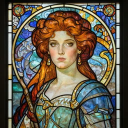 bust portrait stained glass artwork, imogen poots paladin, by yoann lossel, martiniere, stephan martiniere art nouveau neo - gothic stained glass by mucha. dota. swirly intricate glass linework background. gaudy colors, sharp edges. ultra clear detailed. 8 k. elegant. octane render