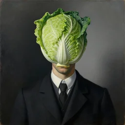 painting of a man with a cabbage in the place of his head, masterpiece, painted by René Magritte and by Bernard Buffet
