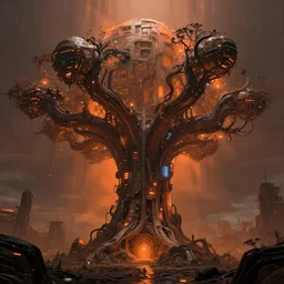 landscape, cyberpunk alien tree of life, cyberpunk, leds, bionics, augments, sci fi, horror, monstrous, orange, highly detailed, complex, intricate, matte painting, cinematic, by rhads and mohrbacher and zdzislaw beksinski and akira,