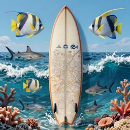 an extremely high quality photo of an ocean scene mosaic surfboard, angel fish, shark, coral, waves, 4 k, hd, high quality, 8 5 mm nikon, digital photography