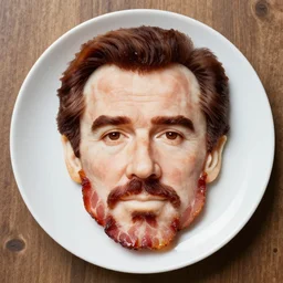 kevin bacon's face made entirely of bacon, dish, top view, sigma 8 5 mm